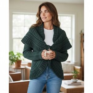 Elsamanda Italy Wool Alpaca Blend Chunky Knit Shawl Collar Cardigan Green S